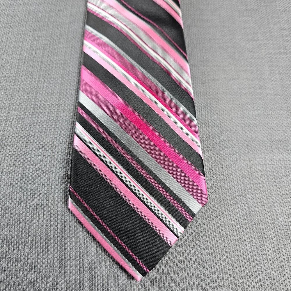 Pierre Cardin Mens Striped Necktie Pink Black Grey Diagonal Stripes Hand Made